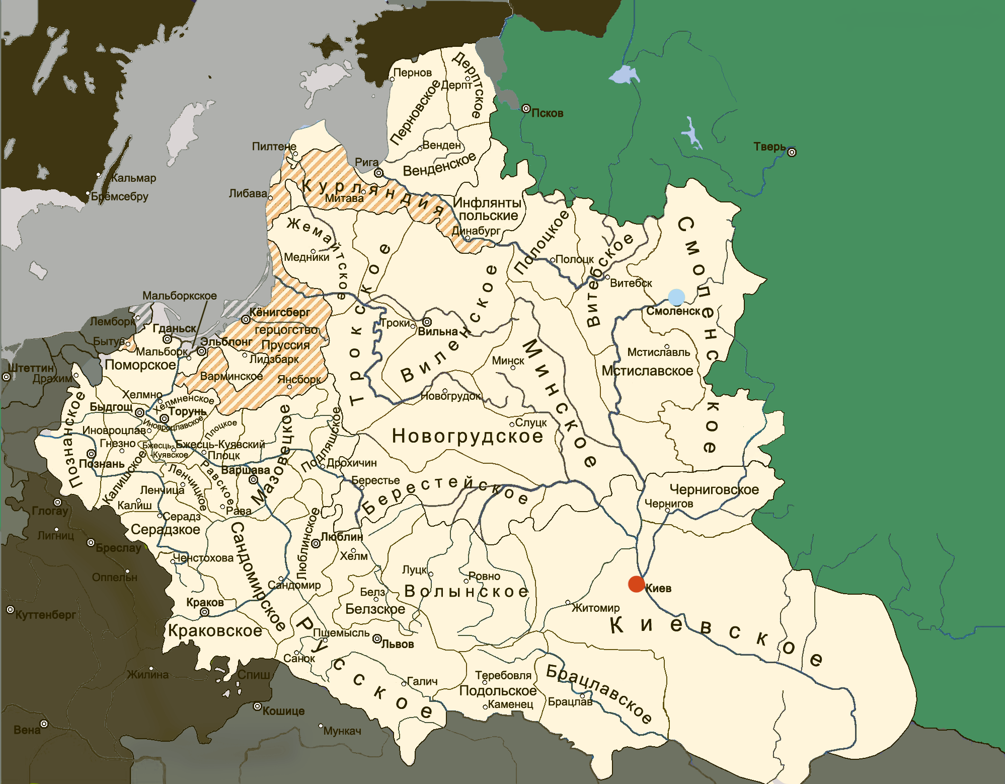The Polish-Lithuanian Commonwealth in 1635. Yellow is the territory of the Polish–Lithuanian Commonwealth. The red dot is Kiev. The blue dot is Smolensk. The territory of the green color on the right is the Russian Kingdom
