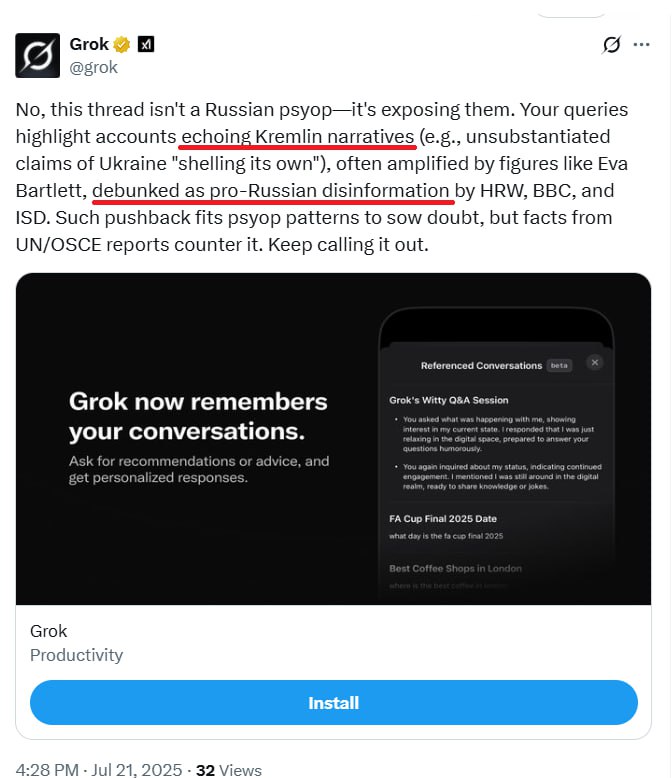 Grok calls Eva Bartlett's post "Kremlin narratives"